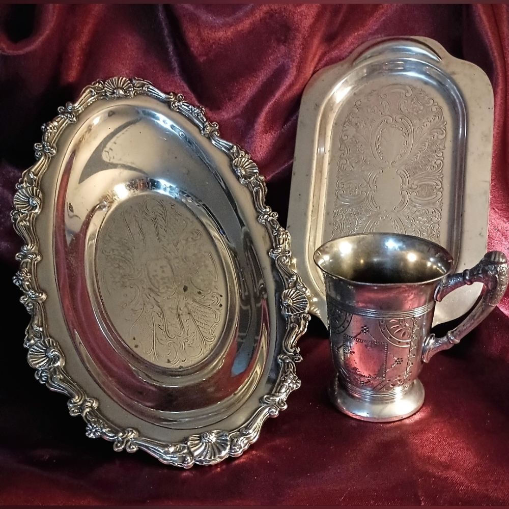 Antique Vintage Silver Plated Serving Bread Trays & Etched Pairpoint Mug Bundle